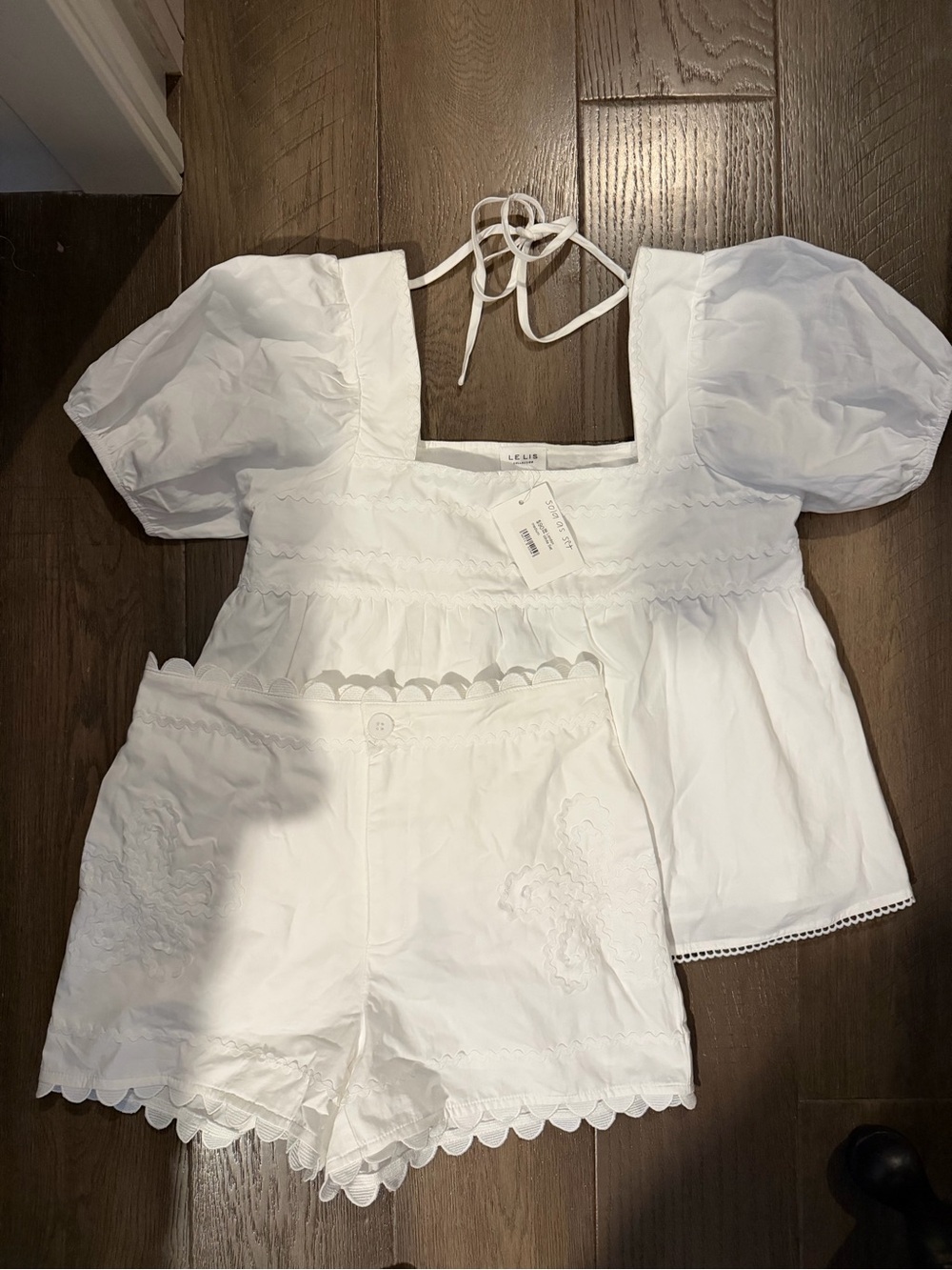 LeLis White Puff-Sleeve Embroidered Top with Scallop-Hem Shorts Set